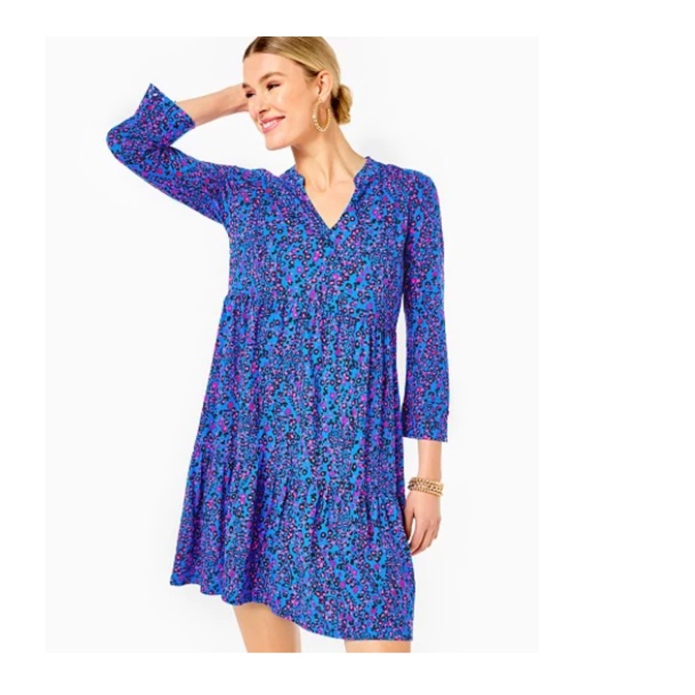 Lilly Pulitzer Alaina 3/4 Sleeve Dress Blue Flare Growl & Prowl Size L